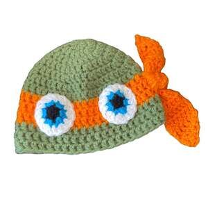 Handmade Crochet Knit TMNT Inspired Michaelangelo Beanie Kids Halloween Costume